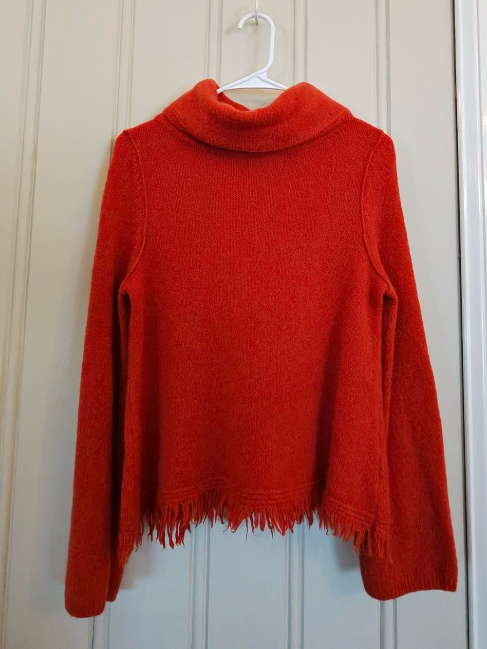 Anthropologie Bright Red Cowl Neck Fringe Hem Sweater XS